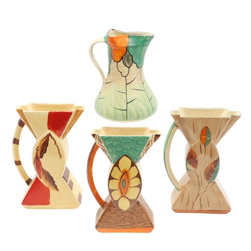 611 - MYOTT 'BOW TIE' ART DECO JUGS. Including three 'Bow Tie' jugs, each hand painted with a variety of f... 