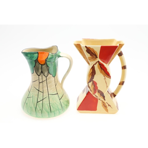 611 - MYOTT 'BOW TIE' ART DECO JUGS. Including three 'Bow Tie' jugs, each hand painted with a variety of f... 