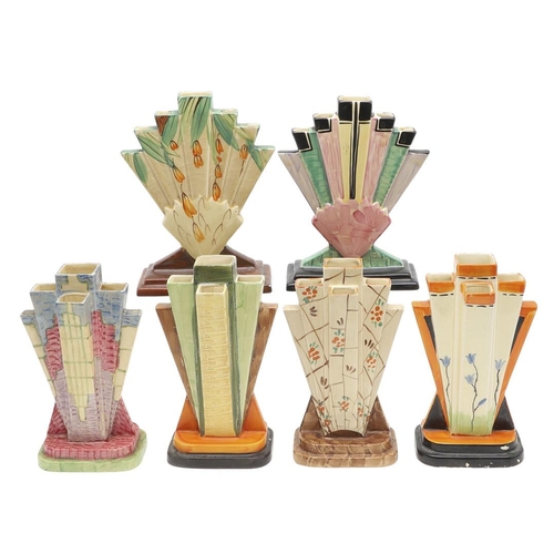 612 - MYOTT ART DECO SPILL VASES - FAN & PYRAMID VASES. Including two fan shaped vases, hand painted inclu... 