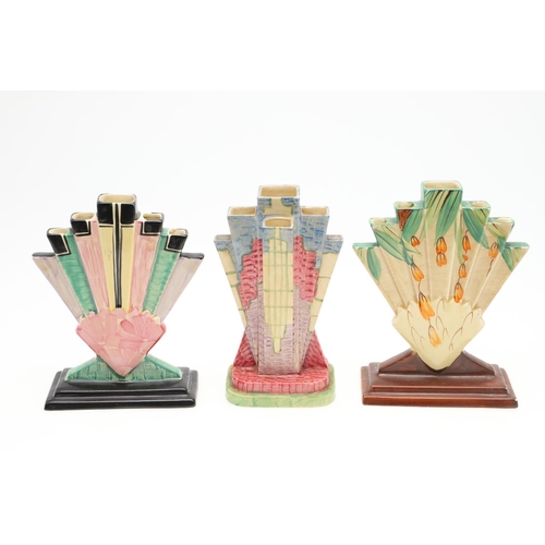 612 - MYOTT ART DECO SPILL VASES - FAN & PYRAMID VASES. Including two fan shaped vases, hand painted inclu... 