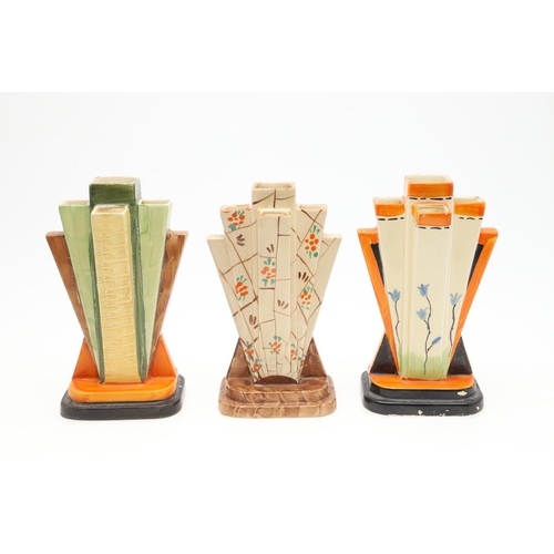 612 - MYOTT ART DECO SPILL VASES - FAN & PYRAMID VASES. Including two fan shaped vases, hand painted inclu... 