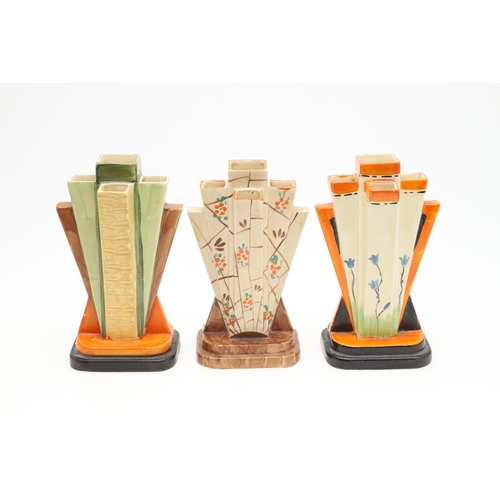 612 - MYOTT ART DECO SPILL VASES - FAN & PYRAMID VASES. Including two fan shaped vases, hand painted inclu... 