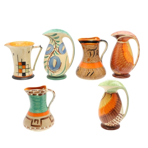 613 - MYOTT ART DECO JUGS. A variety of Myott jugs, each hand painted including three with curved handles ... 