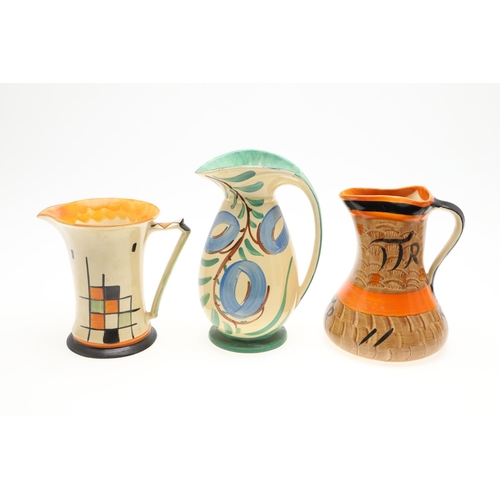 613 - MYOTT ART DECO JUGS. A variety of Myott jugs, each hand painted including three with curved handles ... 