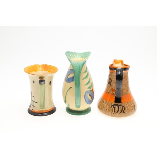 613 - MYOTT ART DECO JUGS. A variety of Myott jugs, each hand painted including three with curved handles ... 