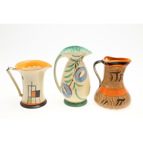 613 - MYOTT ART DECO JUGS. A variety of Myott jugs, each hand painted including three with curved handles ... 