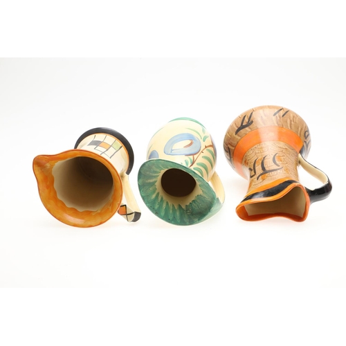 613 - MYOTT ART DECO JUGS. A variety of Myott jugs, each hand painted including three with curved handles ... 