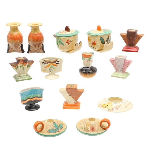 615 - MYOTT ART DECO POTTERY ITEMS. A mixed lot including two unusual lidded preserve pots (BG25, and BG19... 