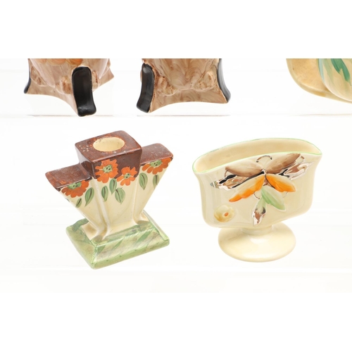 615 - MYOTT ART DECO POTTERY ITEMS. A mixed lot including two unusual lidded preserve pots (BG25, and BG19... 