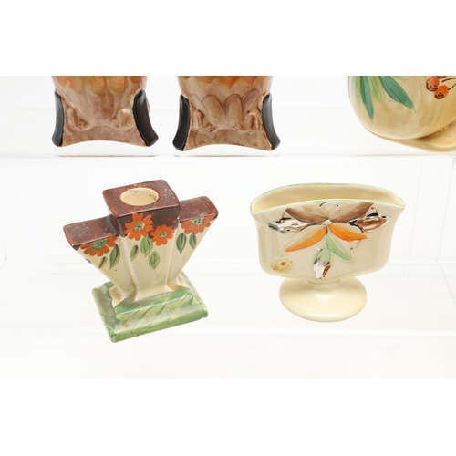 615 - MYOTT ART DECO POTTERY ITEMS. A mixed lot including two unusual lidded preserve pots (BG25, and BG19... 