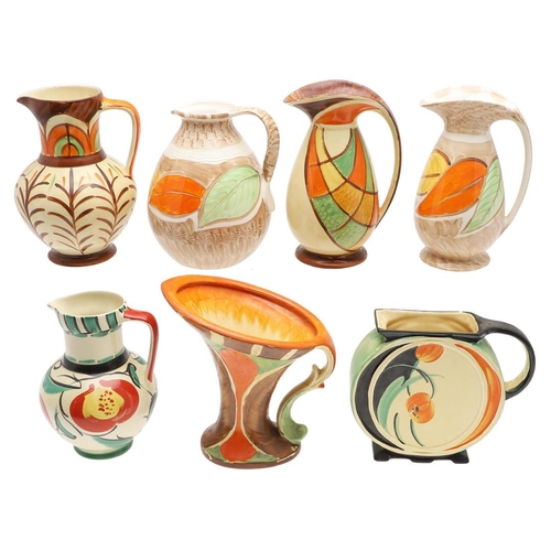 616 - VARIOUS MYOTT ART DECO JUGS. A variety of Myott Art Deco hand painted jugs, including a jug with a s... 