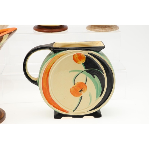 616 - VARIOUS MYOTT ART DECO JUGS. A variety of Myott Art Deco hand painted jugs, including a jug with a s... 