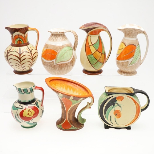 616 - VARIOUS MYOTT ART DECO JUGS. A variety of Myott Art Deco hand painted jugs, including a jug with a s... 