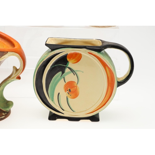 616 - VARIOUS MYOTT ART DECO JUGS. A variety of Myott Art Deco hand painted jugs, including a jug with a s... 