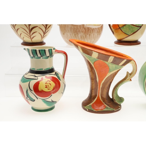 616 - VARIOUS MYOTT ART DECO JUGS. A variety of Myott Art Deco hand painted jugs, including a jug with a s... 