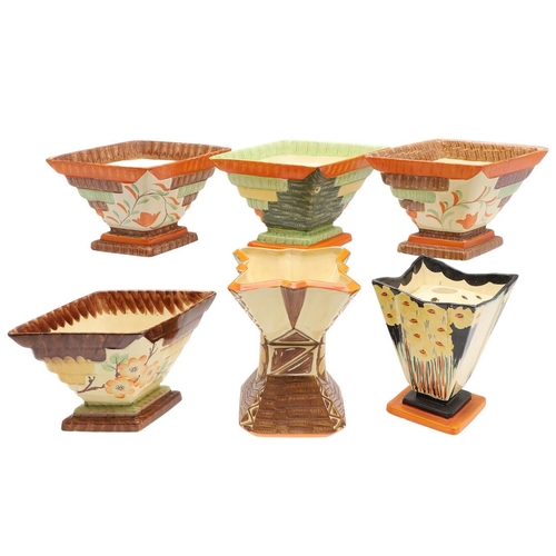 617 - VARIOUS MYOTT ART DECO VASES. Including four various diamond shaped vases, each hand painted with fl... 