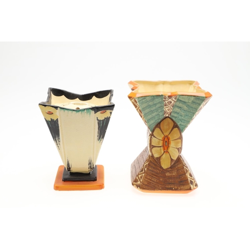 617 - VARIOUS MYOTT ART DECO VASES. Including four various diamond shaped vases, each hand painted with fl... 