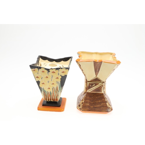 617 - VARIOUS MYOTT ART DECO VASES. Including four various diamond shaped vases, each hand painted with fl... 