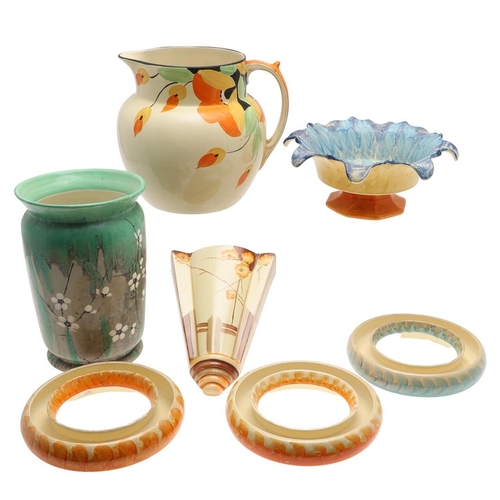 619 - MYOTT ART DECO POTTERY ITEMS. A mixed lot including a large vase with green drip effect glaze and pa... 