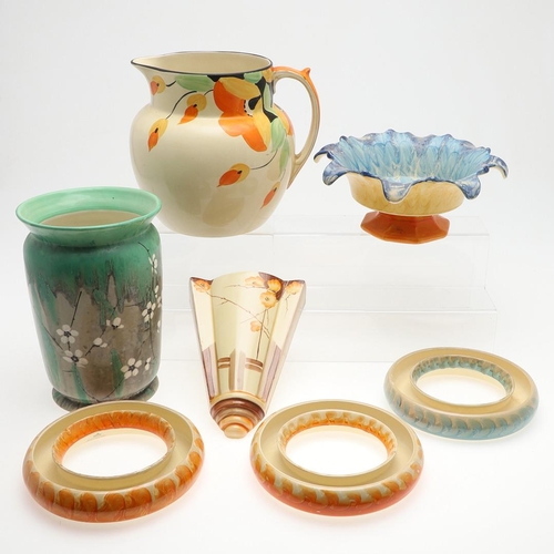 619 - MYOTT ART DECO POTTERY ITEMS. A mixed lot including a large vase with green drip effect glaze and pa... 