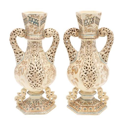 622 - PAIR OF FISCHER BUDAPEST RETICULATED VASES. An interesting pair of late 19thc Fischer vases, with a ... 