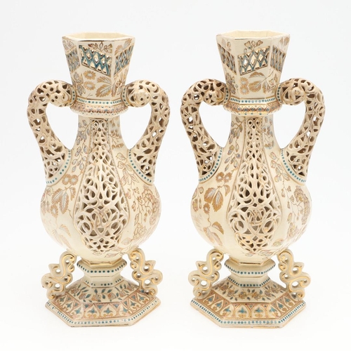 622 - PAIR OF FISCHER BUDAPEST RETICULATED VASES. An interesting pair of late 19thc Fischer vases, with a ... 