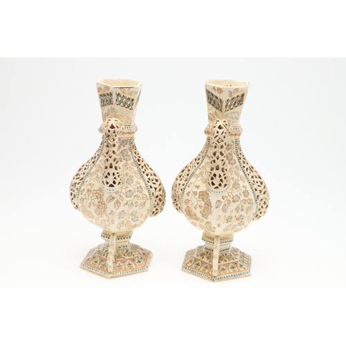 622 - PAIR OF FISCHER BUDAPEST RETICULATED VASES. An interesting pair of late 19thc Fischer vases, with a ... 