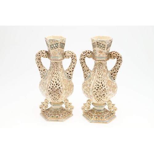 622 - PAIR OF FISCHER BUDAPEST RETICULATED VASES. An interesting pair of late 19thc Fischer vases, with a ... 