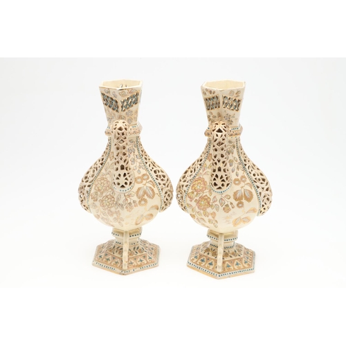 622 - PAIR OF FISCHER BUDAPEST RETICULATED VASES. An interesting pair of late 19thc Fischer vases, with a ... 