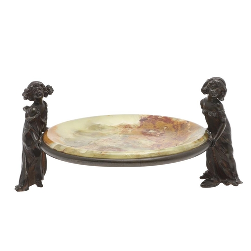 647 - AFTER CARL KAUBA (1865-1922) BRONZE ART NOUVEAU & ONYX DISH. A bronze dish designed with two female ... 