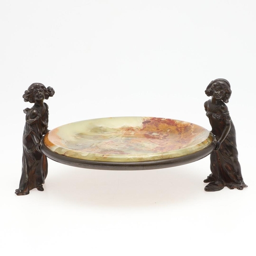 647 - AFTER CARL KAUBA (1865-1922) BRONZE ART NOUVEAU & ONYX DISH. A bronze dish designed with two female ... 