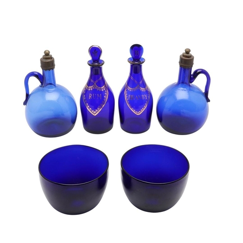 667 - 19THC RUM & BRANDY BLUE GLASS BOTTLES, & OTHER GLASSWARE. Two 19thc Rum and Brandy blue glass bottle... 