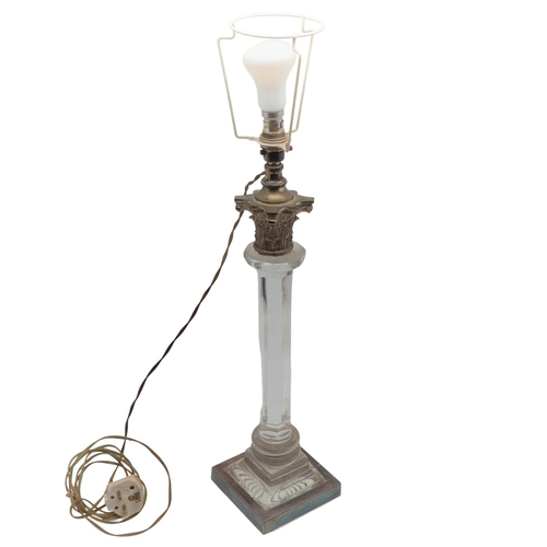 669 - LARGE GLASS & SILVER PLATED COLUMN LAMP. A large glass table lamp with a hexagonal shaped column and... 