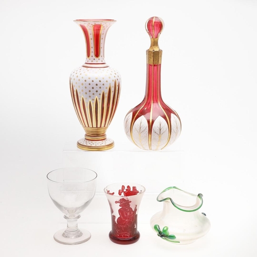 670 - BOHEMIAN GLASS DECANTER & VASE, 19THC DATED RUMMER & OTHER ITEMS. Including a bohemian ruby flash an... 