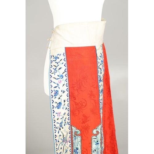 741 - ANTIQUE CHINESE SILK SKIRT. Probably late 19thc or early 20thc, the pleated red silk skirt with prin... 