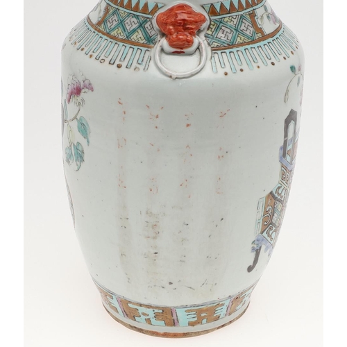 743 - 19THC CHINESE FAMILLE ROSE VASE. A large 19thc famille rose vase, painted to each side with jardinie... 