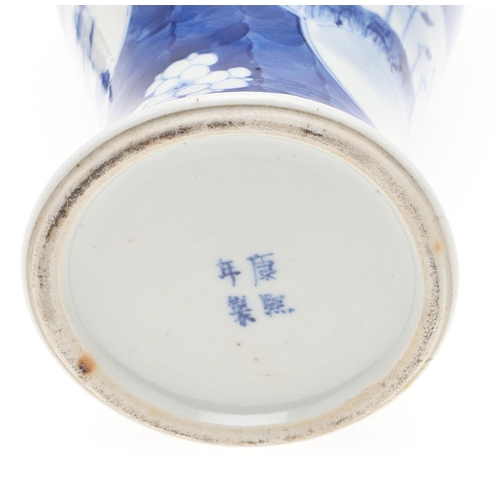 744 - 19THC CHINESE BLUE & WHITE VASE. A late 19thc blue and white vase of slender form, painted to each s... 