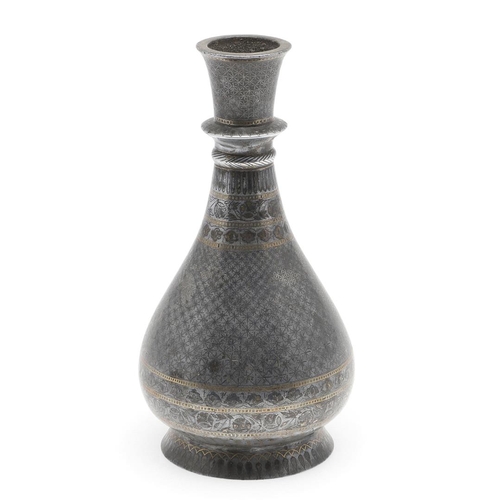 746 - INDO PERSIAN MIXED METAL VASE. An interesting baluster shaped vase, with repeating bands of decorati... 