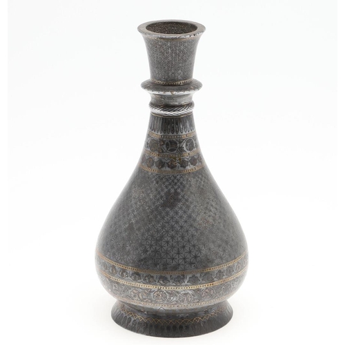 746 - INDO PERSIAN MIXED METAL VASE. An interesting baluster shaped vase, with repeating bands of decorati... 