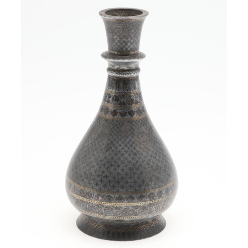 746 - INDO PERSIAN MIXED METAL VASE. An interesting baluster shaped vase, with repeating bands of decorati... 