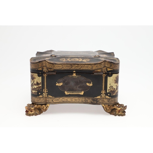 747 - 19THC CHINESE EXPORT LACQUERED BOX. A lacquered box with concave sides, with various panels of gilde... 