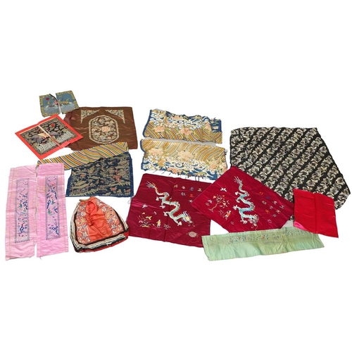 748 - CHINESE SILK PANELS, RANK BADGES & OTHER ITEMS. An interesting group of late 19thc/early 20thc Chine... 