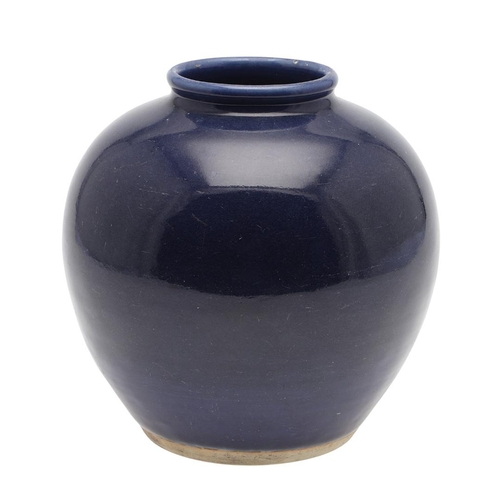 751 - 19THC CHINESE BLUE GLAZED VASE. A 19thc vase with rounded sides, with a plain dark blue glaze, the b... 