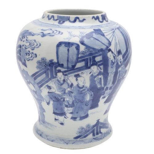 754 - CHINESE BLUE AND WHITE PORCELAIN JAR - KANGXI. The jar of bulbous form, decorated with courtly figur... 