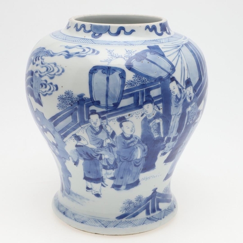 754 - CHINESE BLUE AND WHITE PORCELAIN JAR - KANGXI. The jar of bulbous form, decorated with courtly figur... 