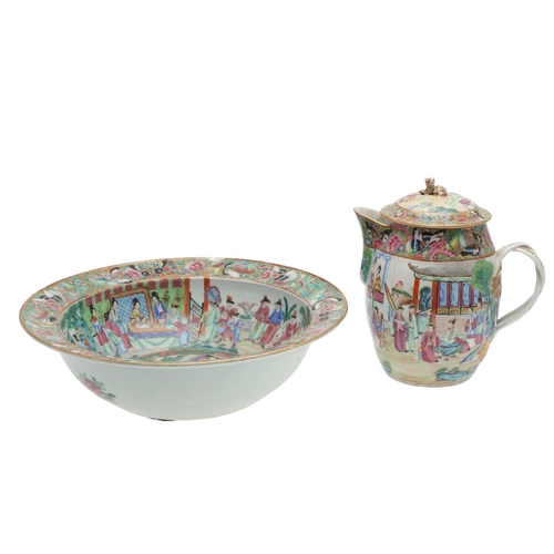 755 - LARGE 19THC CHINESE CANTONESE BASIN & LIDDED JUG. 19thc, a large Cantonese basin painted to the inte... 