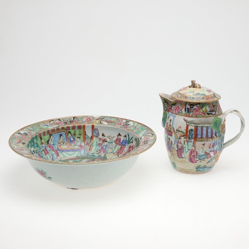 755 - LARGE 19THC CHINESE CANTONESE BASIN & LIDDED JUG. 19thc, a large Cantonese basin painted to the inte... 