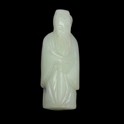 759 - CHINESE JADE FIGURE - SAGE. A miniature carved pale green jade figure of a Sage, with a pierced hole... 