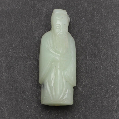 759 - CHINESE JADE FIGURE - SAGE. A miniature carved pale green jade figure of a Sage, with a pierced hole... 