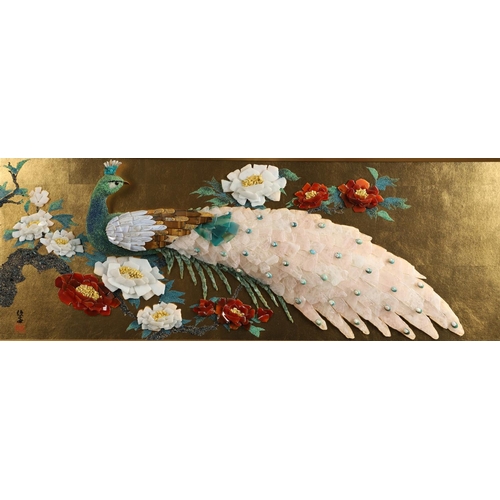 760 - LARGE JAPANESE HARDSTONE & GILDED PANEL - PEACOCK. A large 20thc decorative panel, designed as a Pea... 